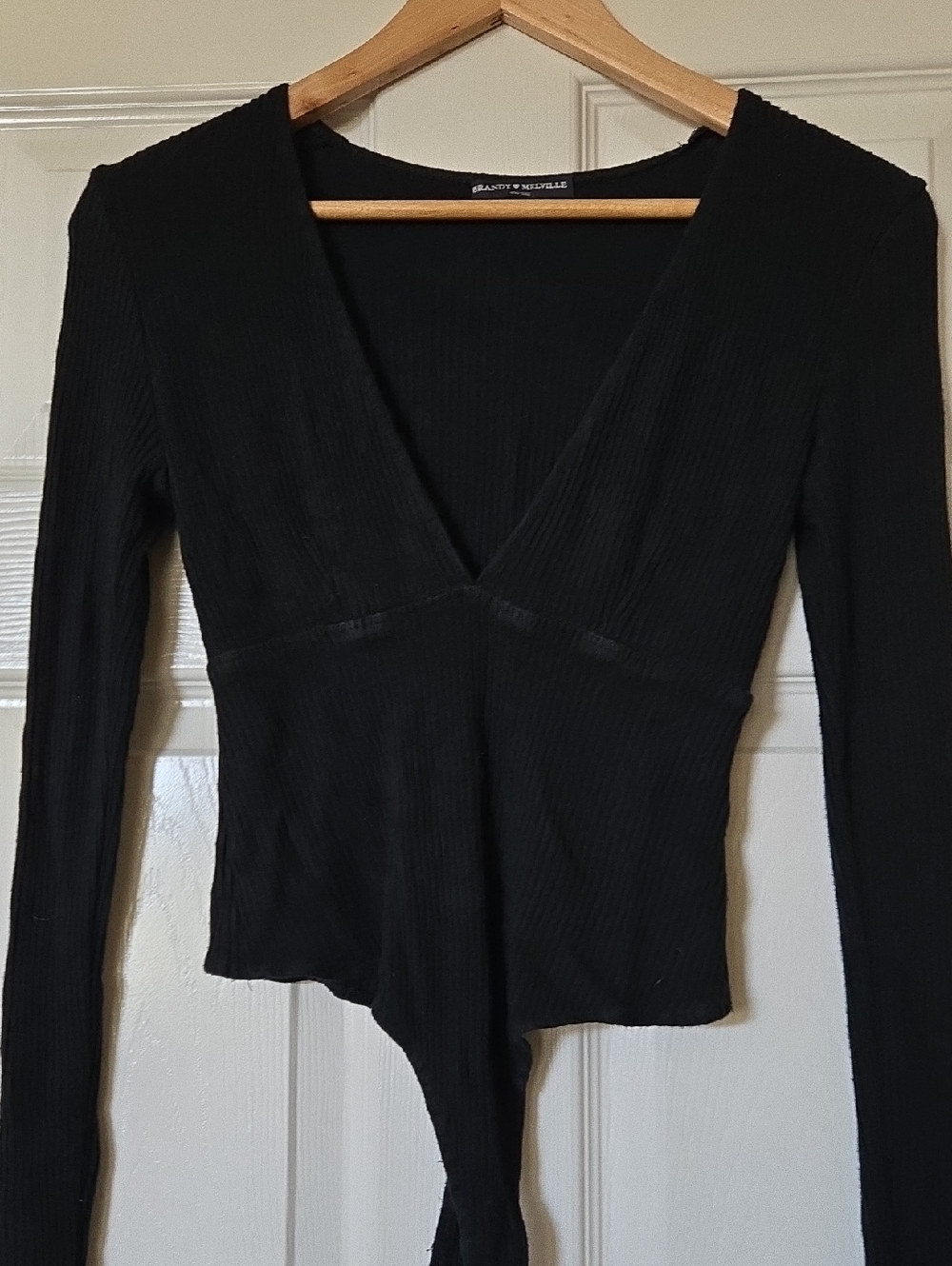 Brandy Melville O/S Black Ribbed Tie-Front V-Neck Bodysuit